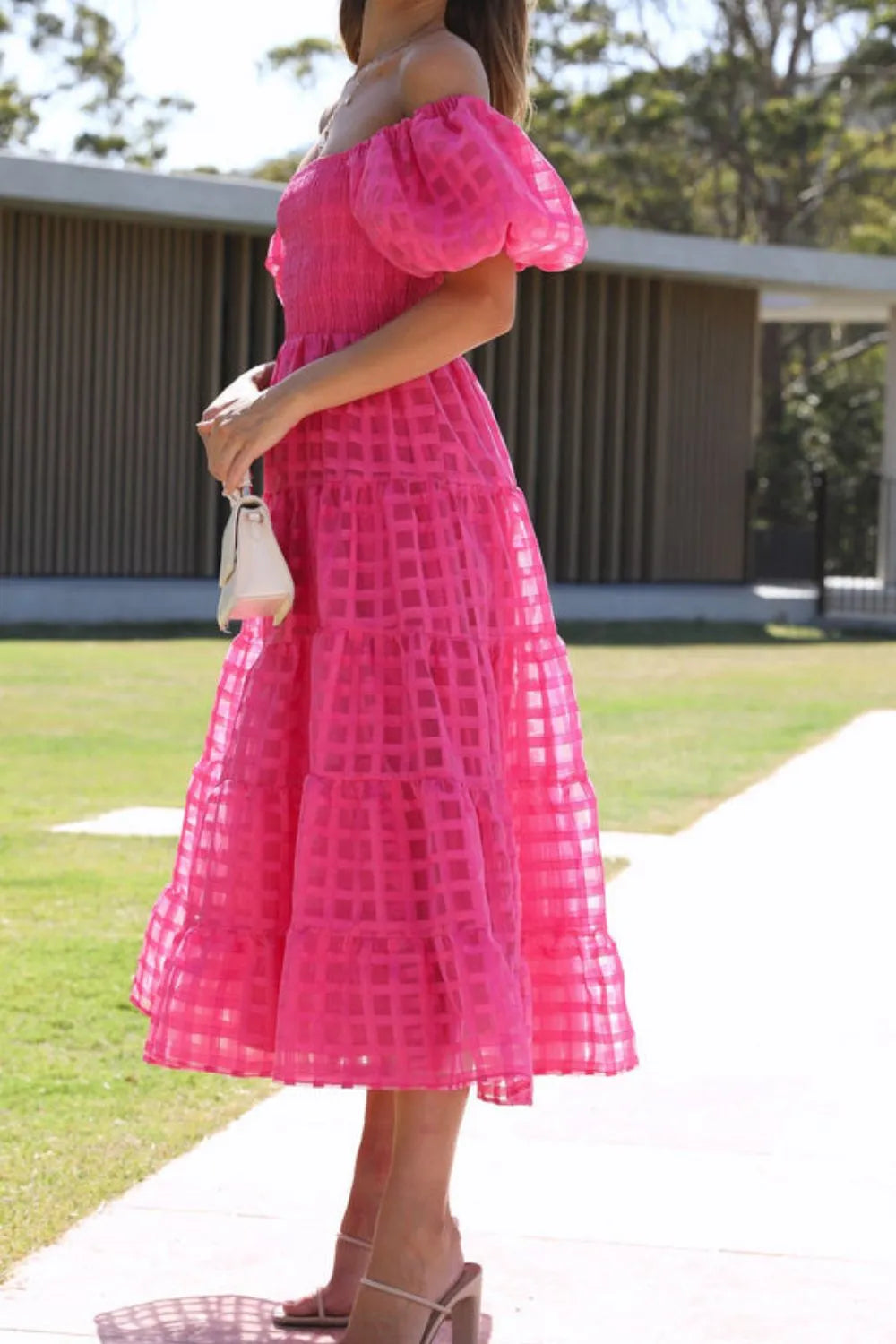 Off Shoulder Short Puff Sleeve Midi Dress