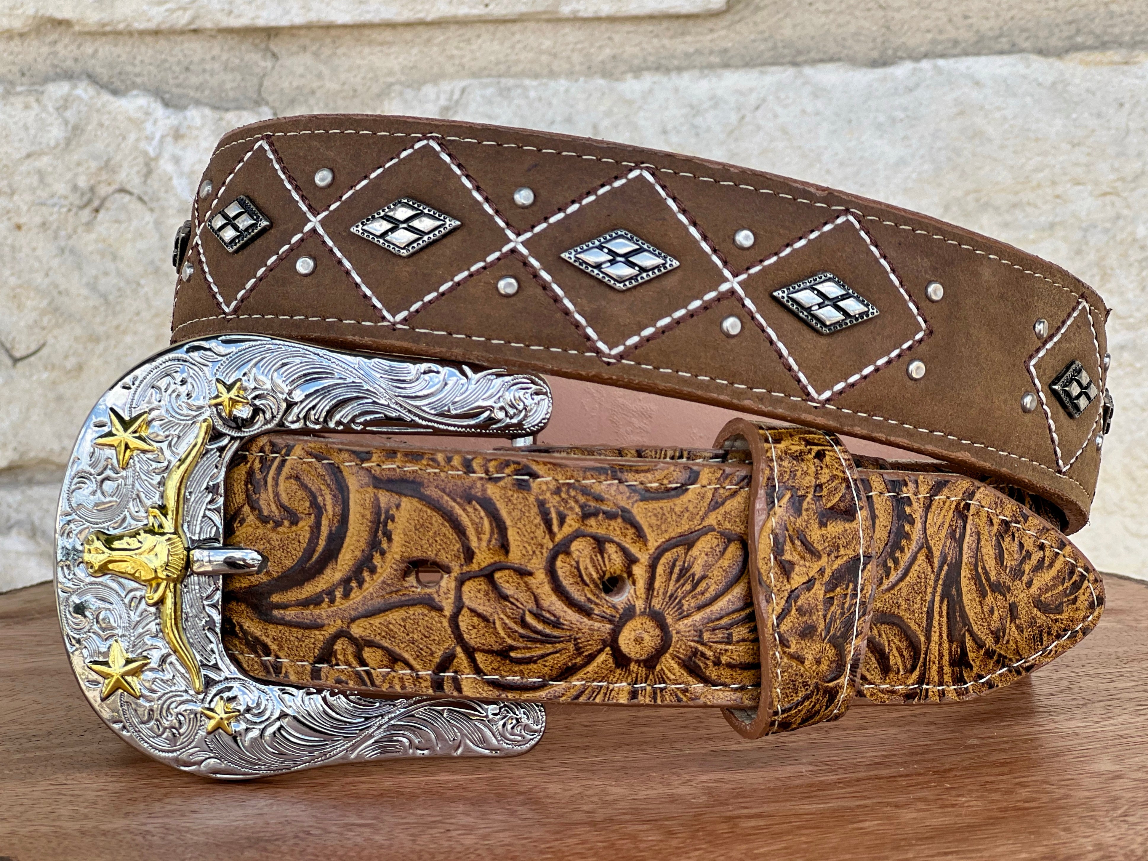 Honey Hand-Tooled Leather Belt With Silver Studs