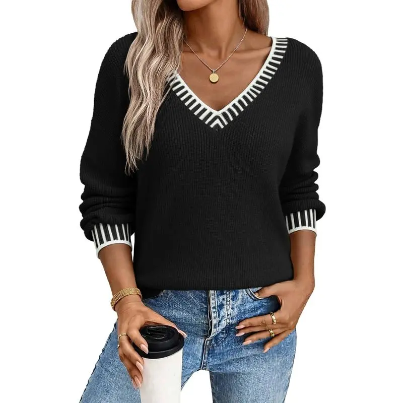 Womens Sweaters Long Sleeve V neck Warm Pullover Knit Tops