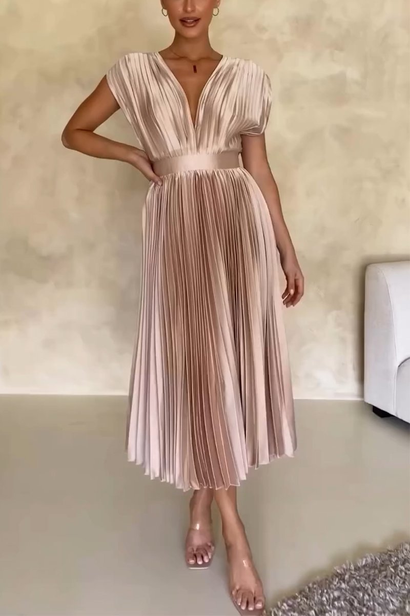 Women's Elegant V-Neck Pleated Dress