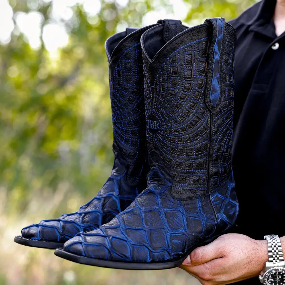 Matte Rustic Electric Blue Pirarucu Leather Boots - Square Toe