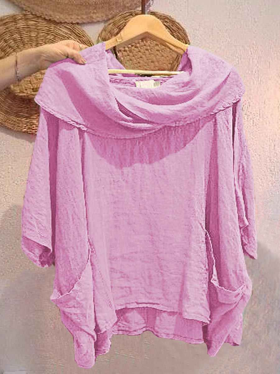 Women's Solid Color Draped Neck 3/4 Sleeve Comfortable Casual Linen Pocket Top