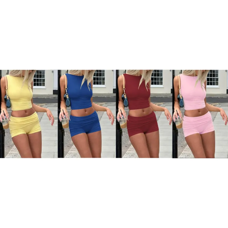 Two-piece Set Women's Solid Crop Top & Shorts (Just $3 a set!)