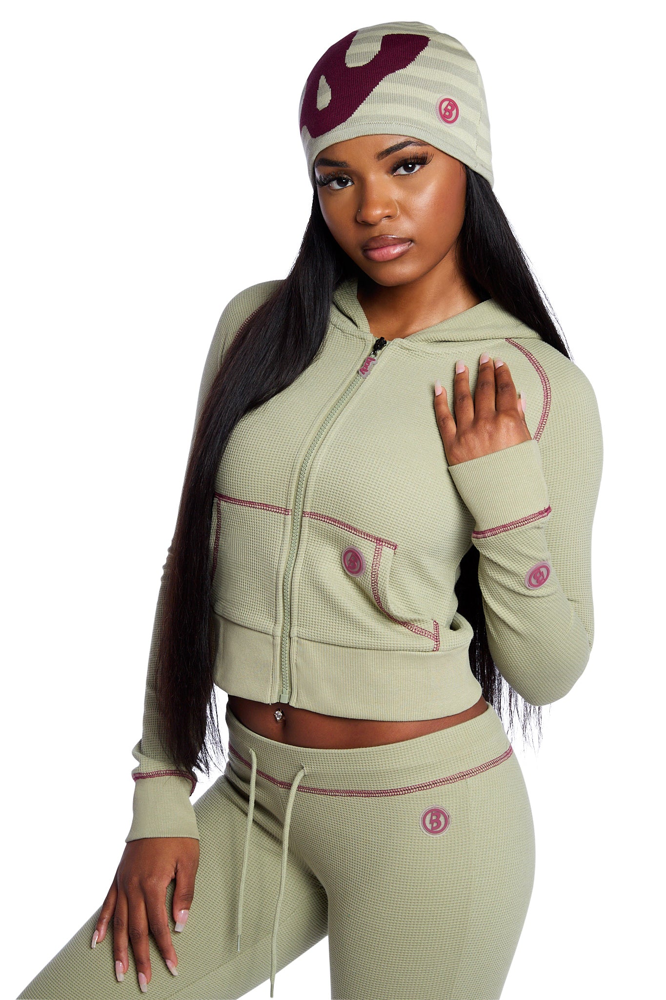 WAFFLE KNIT HOODIE (MATCHA/MAROON)