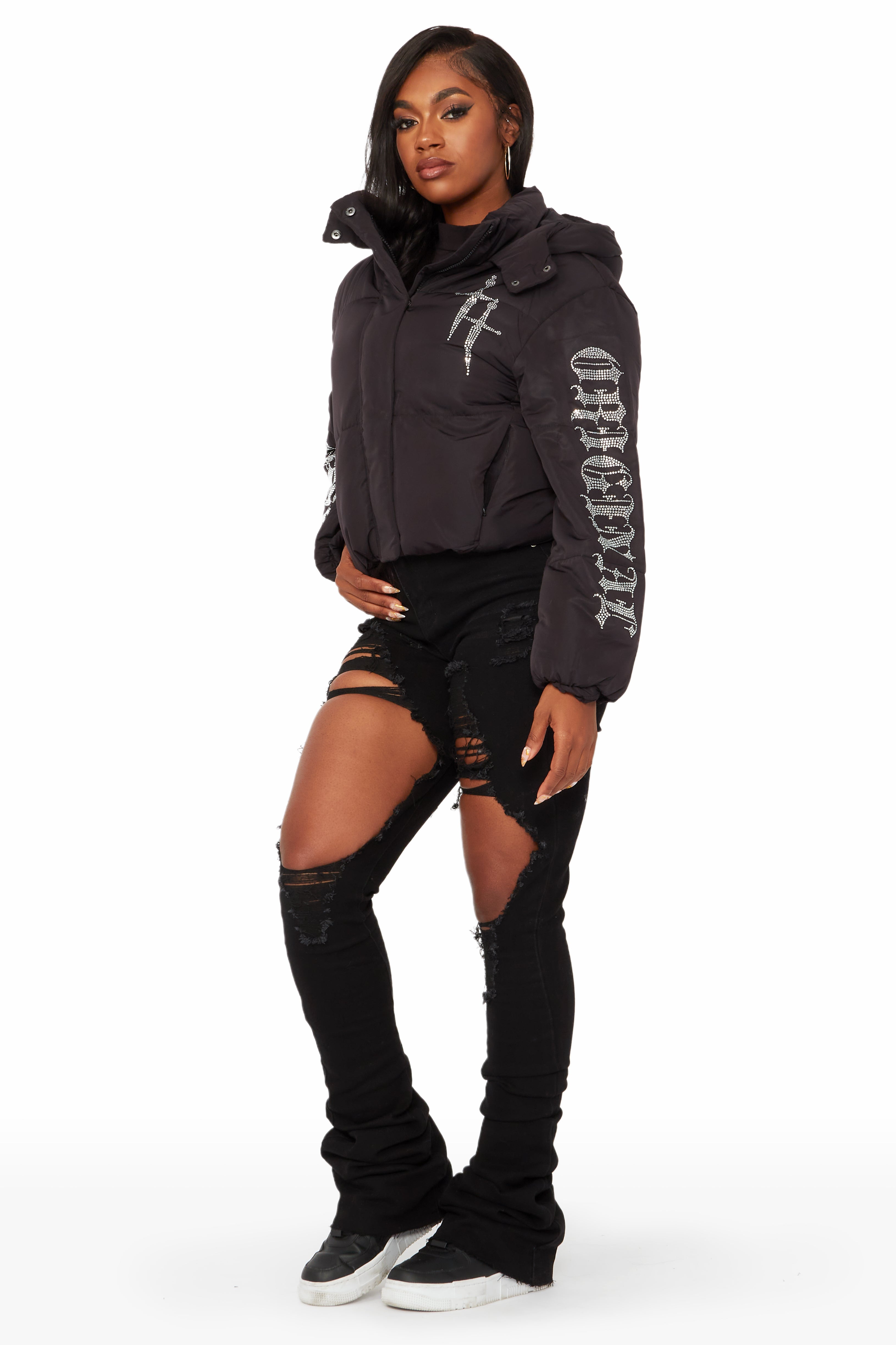 Kalisha Black Rhinestone Puffer Jacket