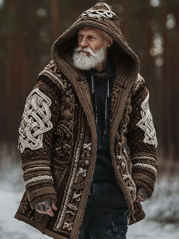 Men's Viking Celtic Geometry Pattern Art Cozy Knit Hooded Cardigan