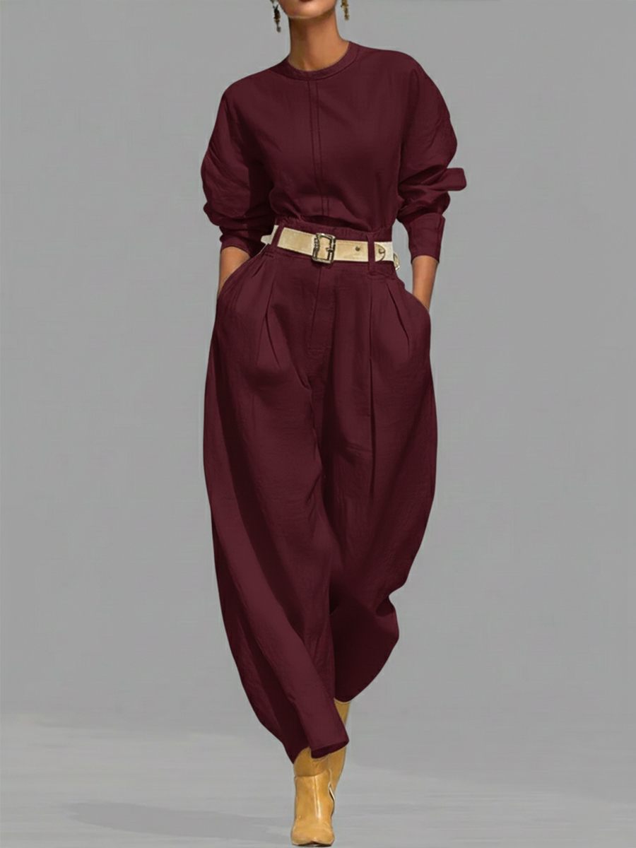Casual Linen And Cotton Crew-neck Shirt And High-waisted Tapered Trousers Two-piece Set.