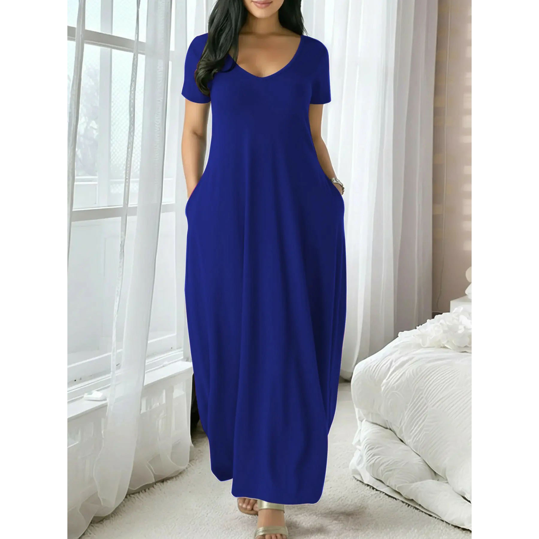 Women's Soft Fitted Lounge Dress with Pockets – Short Sleeve Casual Sleepwear