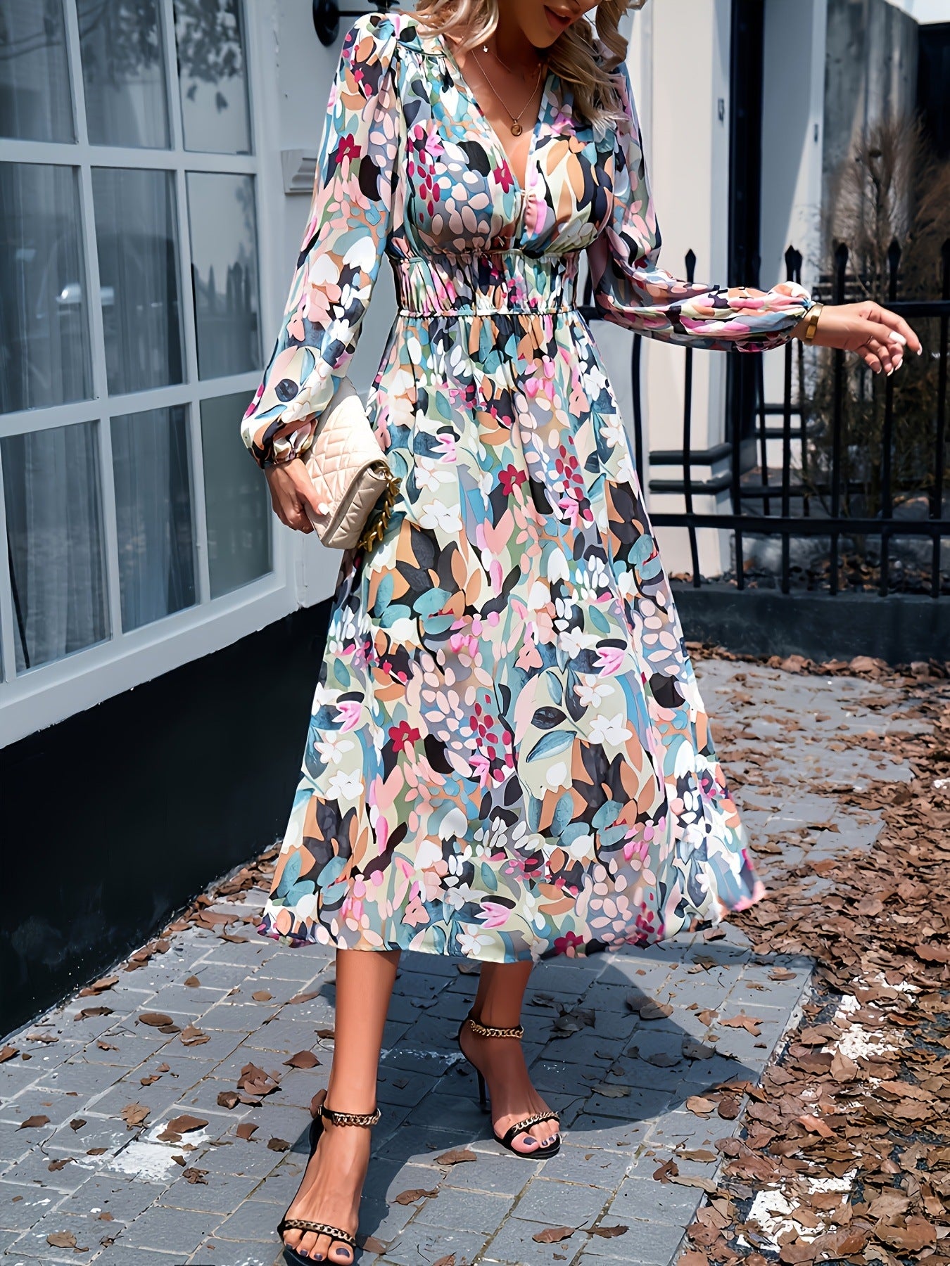 Floral Print Long Sleeve Midi Dress