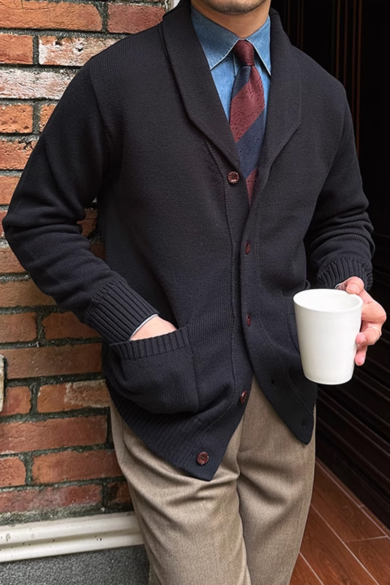 Men's Black Warm Shawl Collar Cardigan