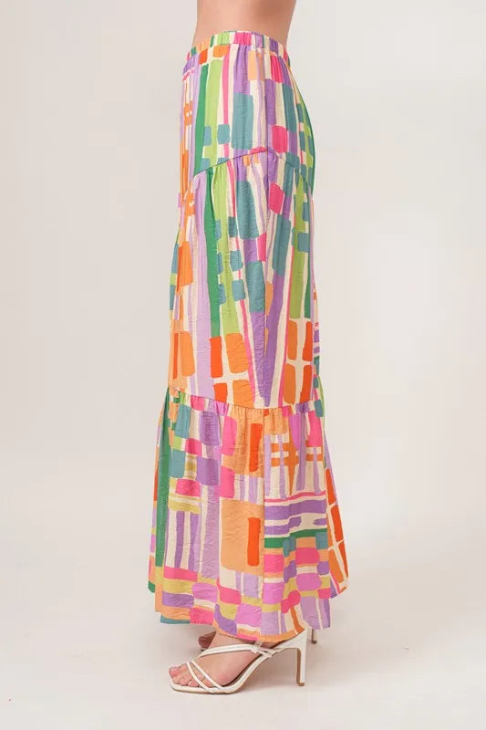 Asymmetric Geo Printed Tiered Maxi Skirt