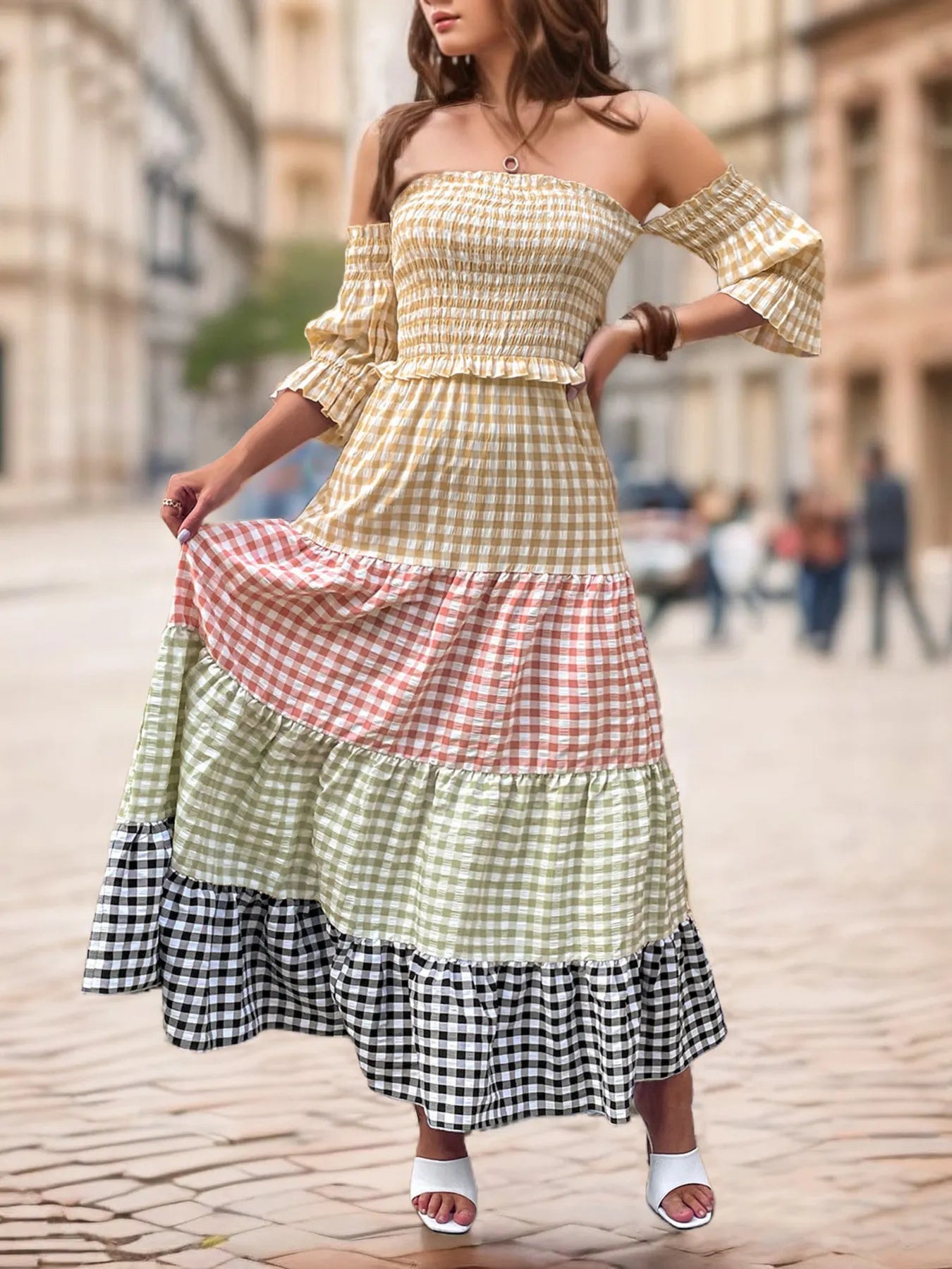 Color Block Plaid Off-Shoulder Maxi Dress