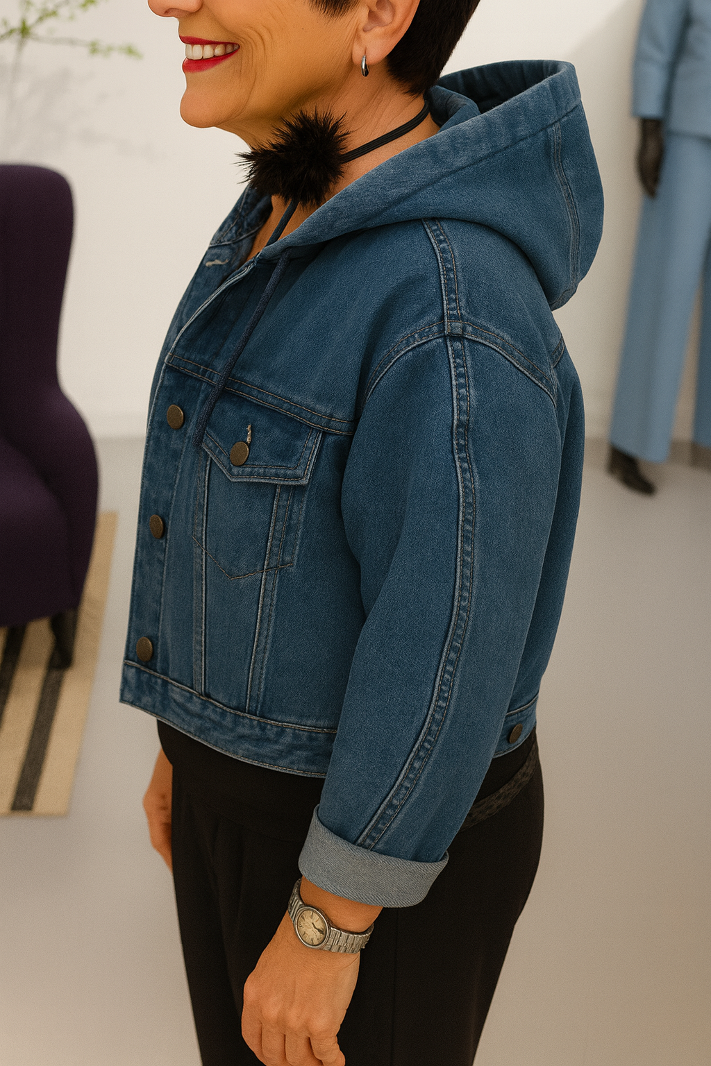 Women Round Neck Hooded Denim Splicing Casual Jacket