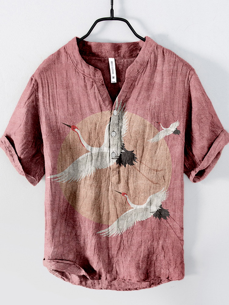 Flying Cranes Japanese Art Pattern Linen Blend Shirt