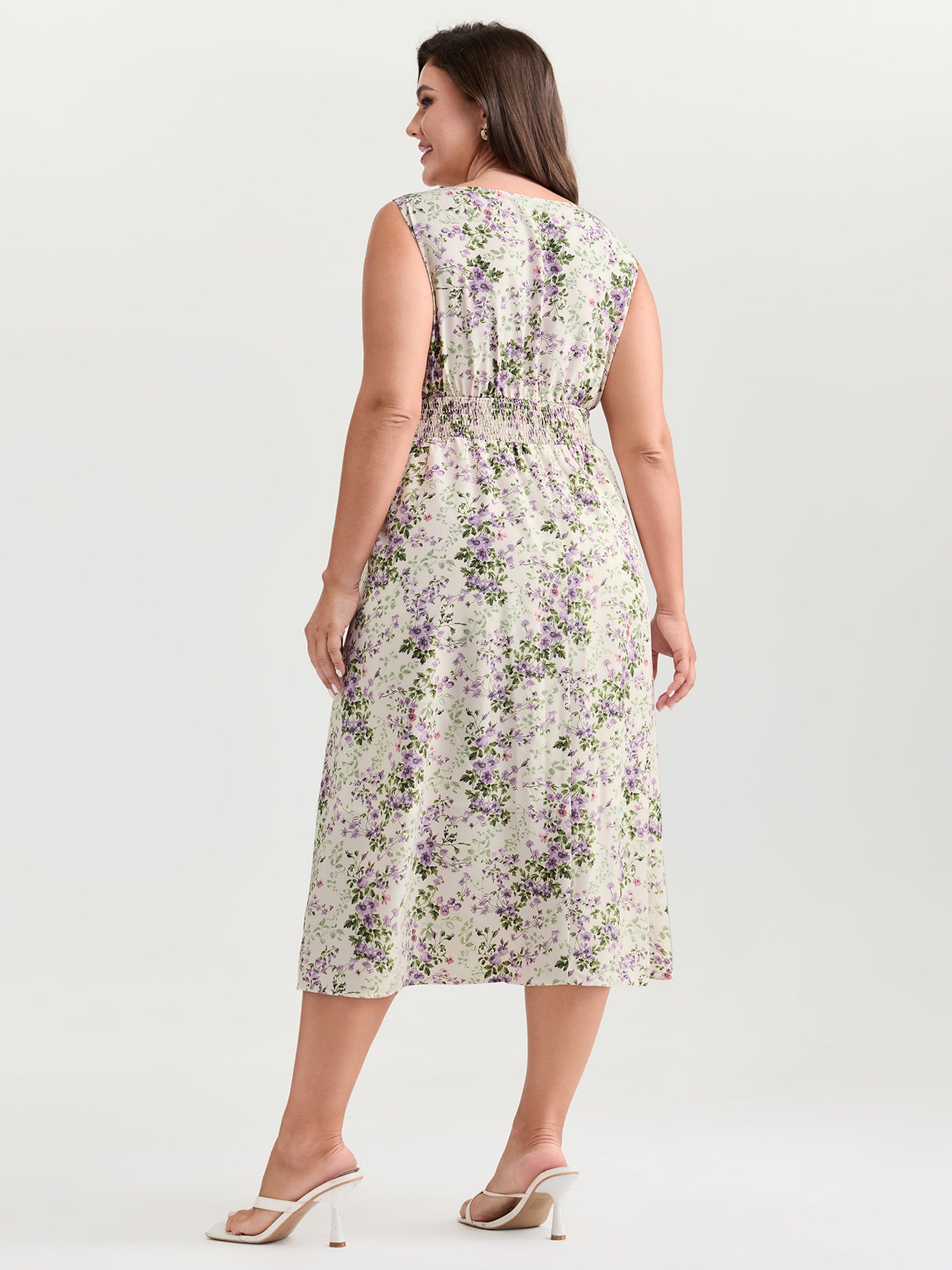 Floral Print Adjustable Bust-Tie Pockets Midi Dress