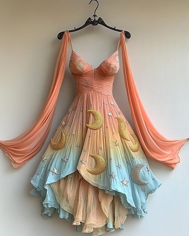 Handmade star and moon embroidery suspender dress 04c1