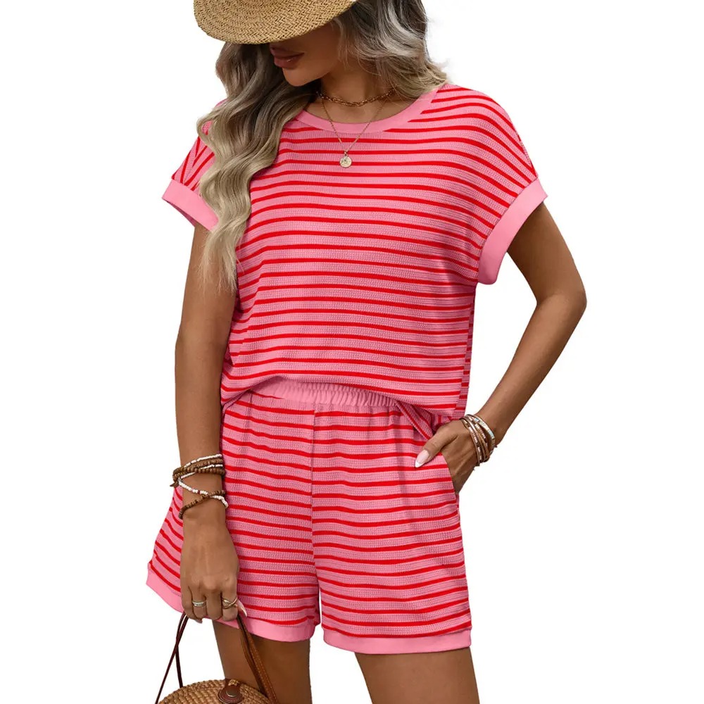 Women’s Pink Striped Knit Lounge Set – Casual Short Sleeve Tee & Shorts 2-Piece Outfit