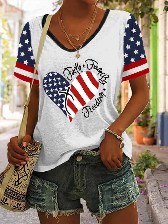 Casual Independence Day (Flag) V Neck Short Sleeve T-shirt