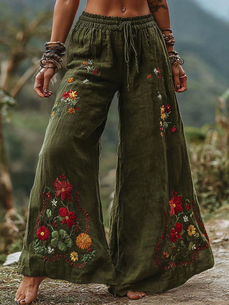 Women's Vintage Bohemian Floral Art Comfy Linen Pants