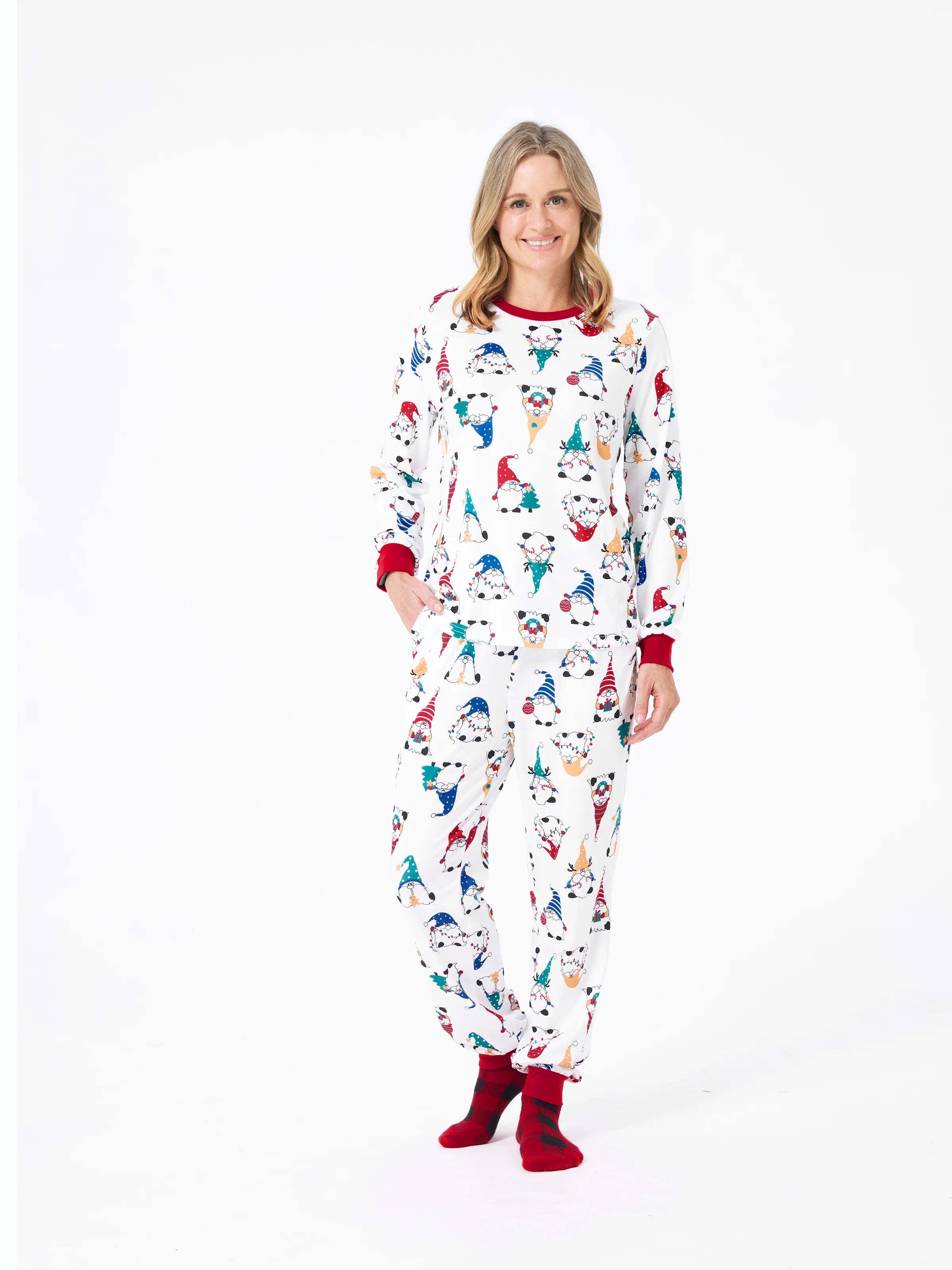 Christmas Matching Family Pajamas Set Christmas Gnome Print PJS with Christmas Socks Red