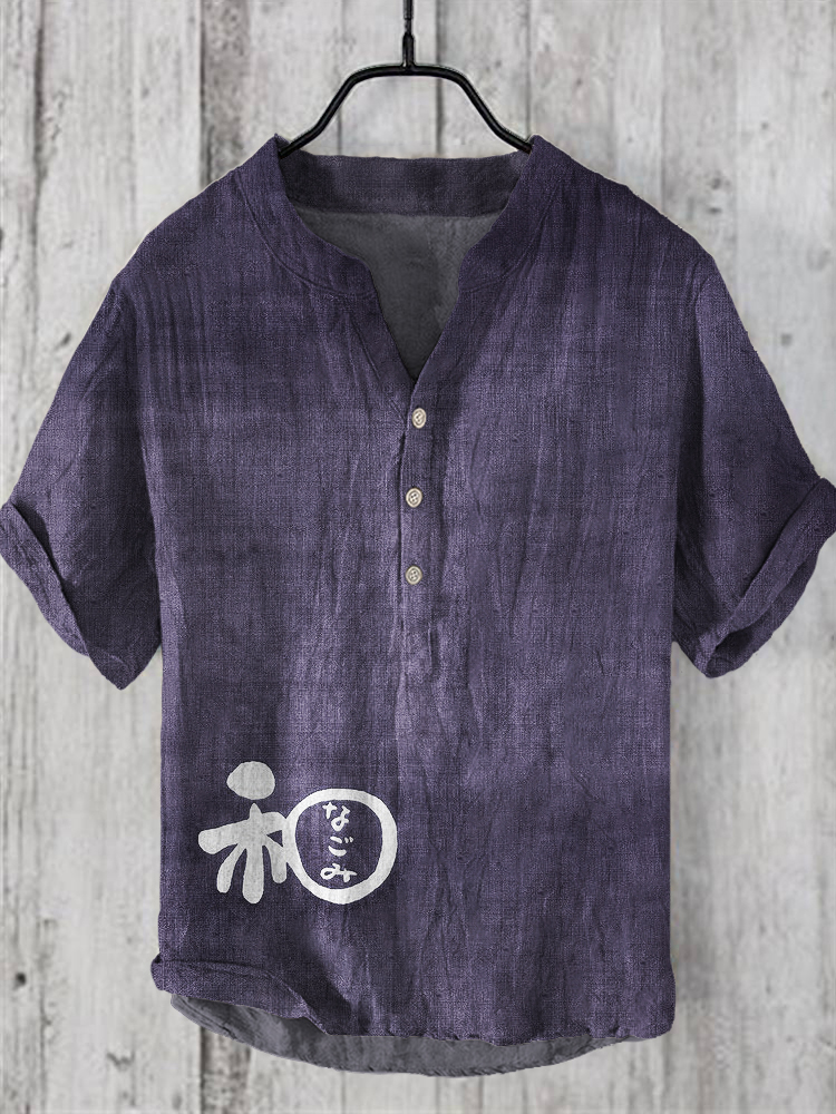 Japanese Word Art Linen V-Neck Shirt