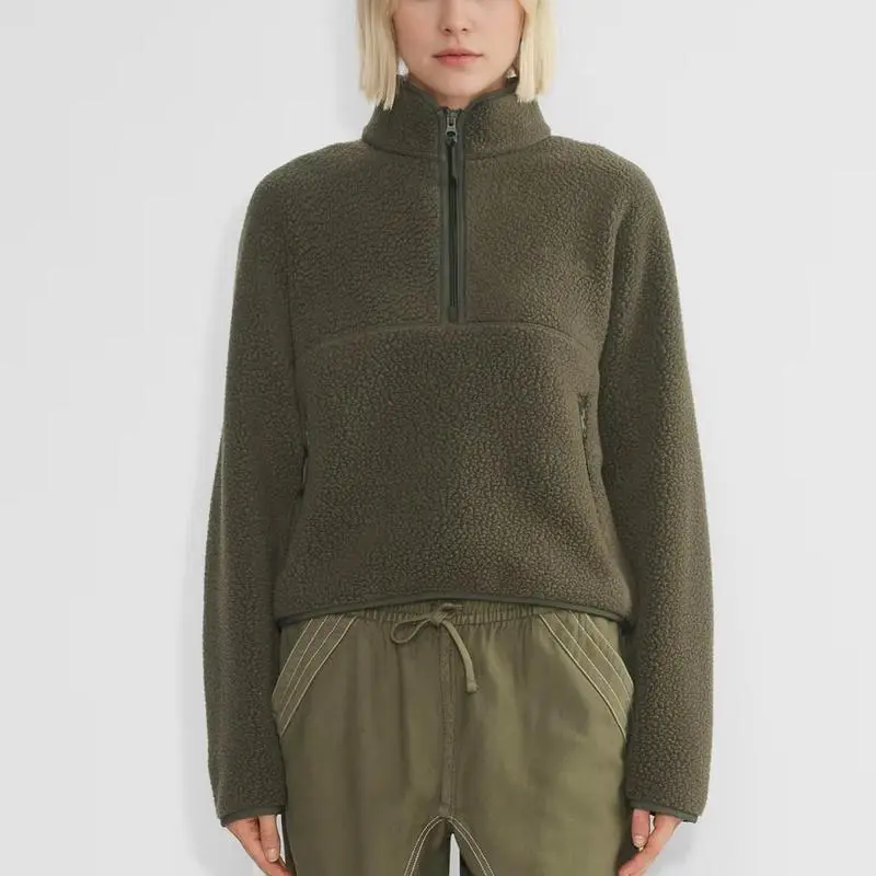 Women’s Fleece Cropped Pullover – Half Zip Sherpa Jacket with Pockets