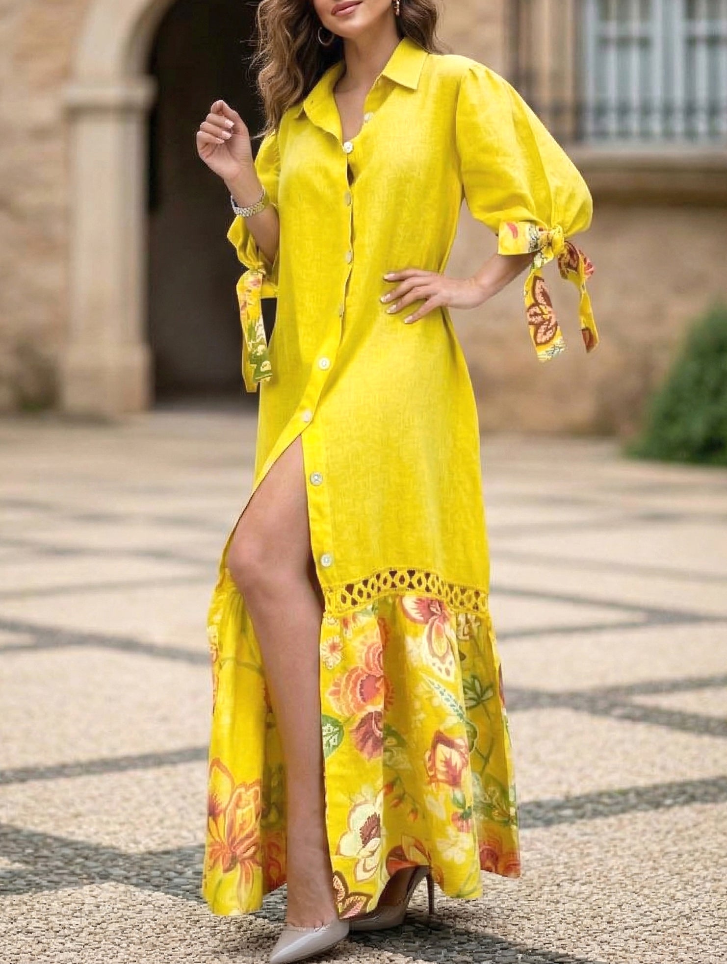 Lace Tie Sleeve Shirt Dress