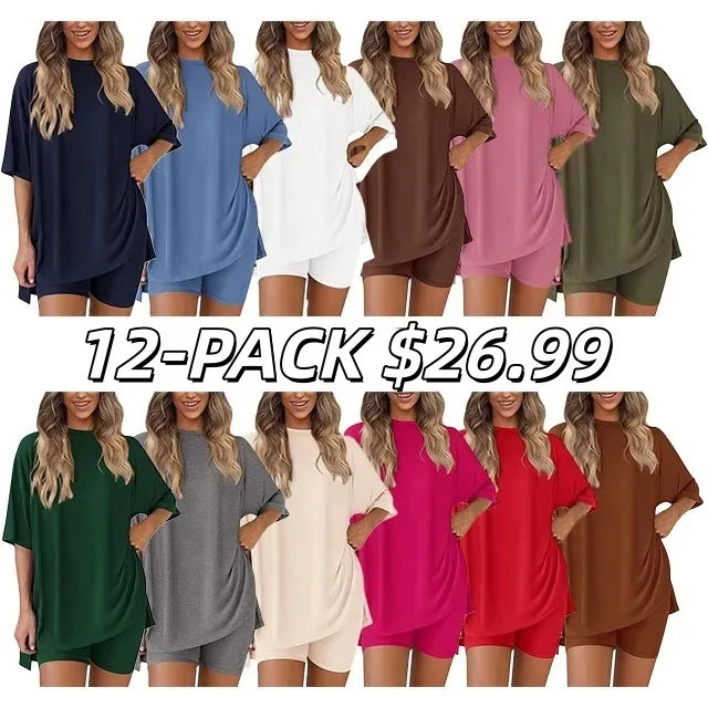 🔥Women's Two Piece Lounge Set 2026 Summer Casual Oversized Shirts Biker Shorts Matching Airport Travel Outfit