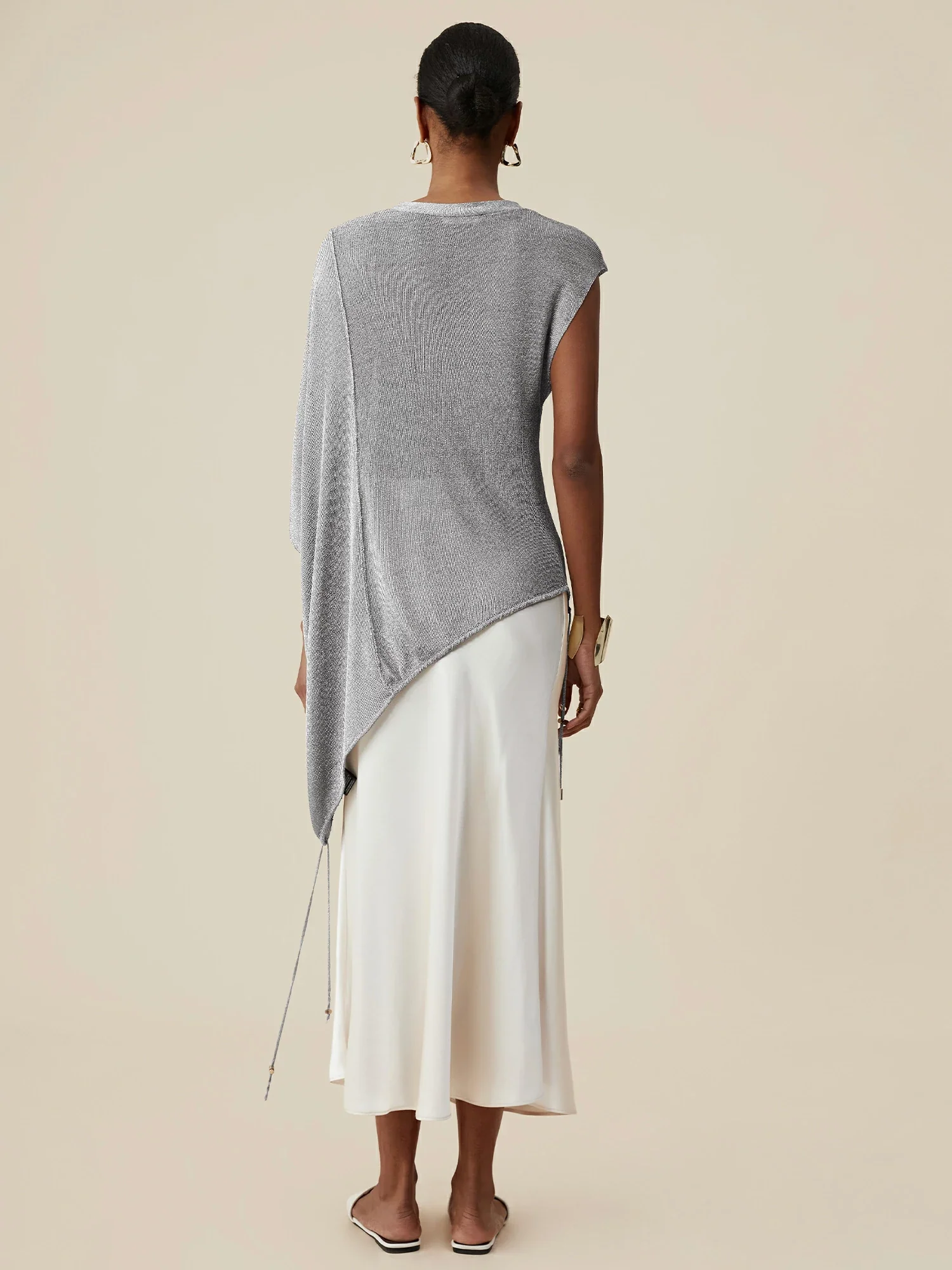 Round Neck Short Sleeve Drawstring Glitter Top