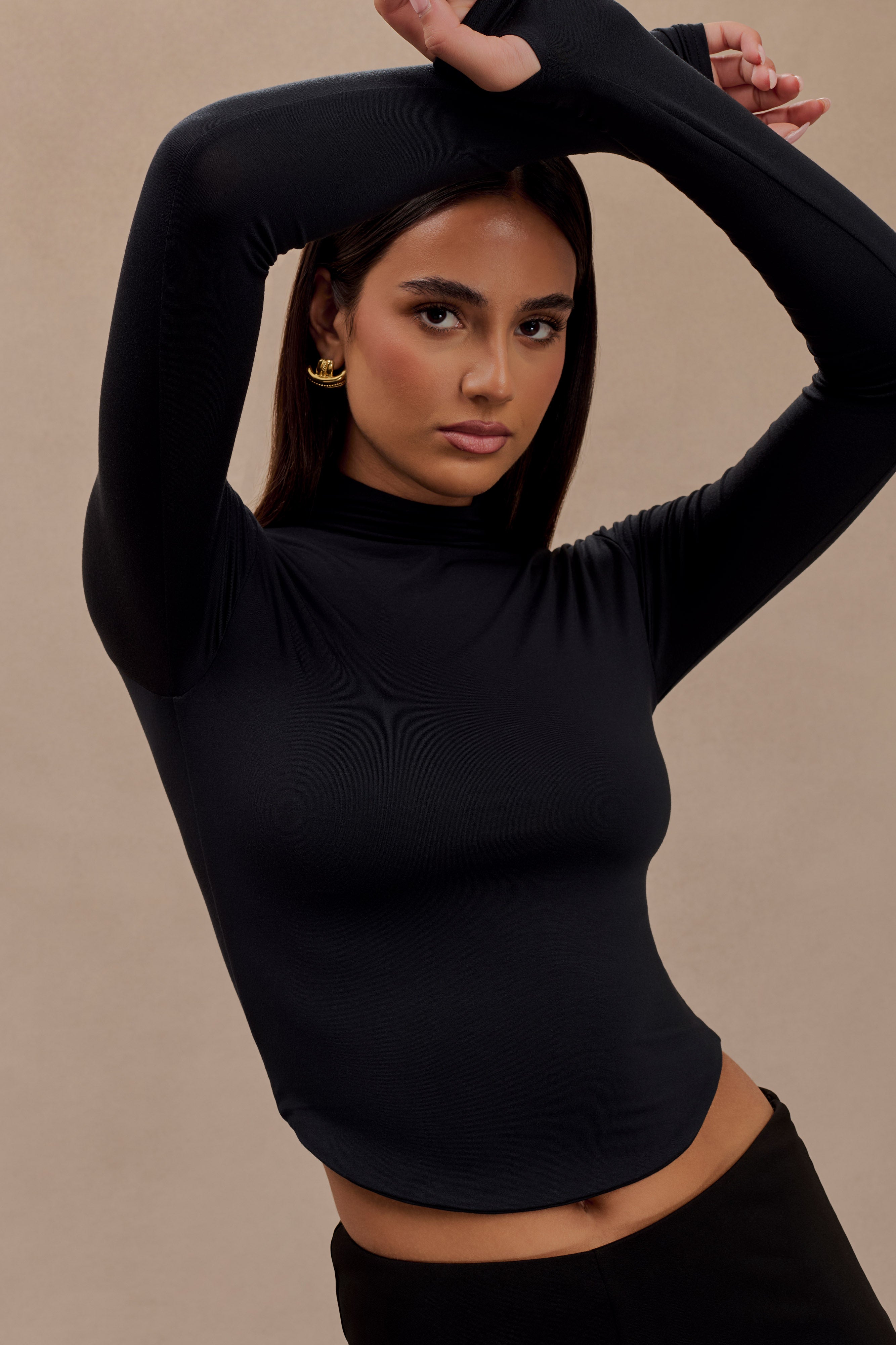 Black Modal Long Sleeve High Neck Top
