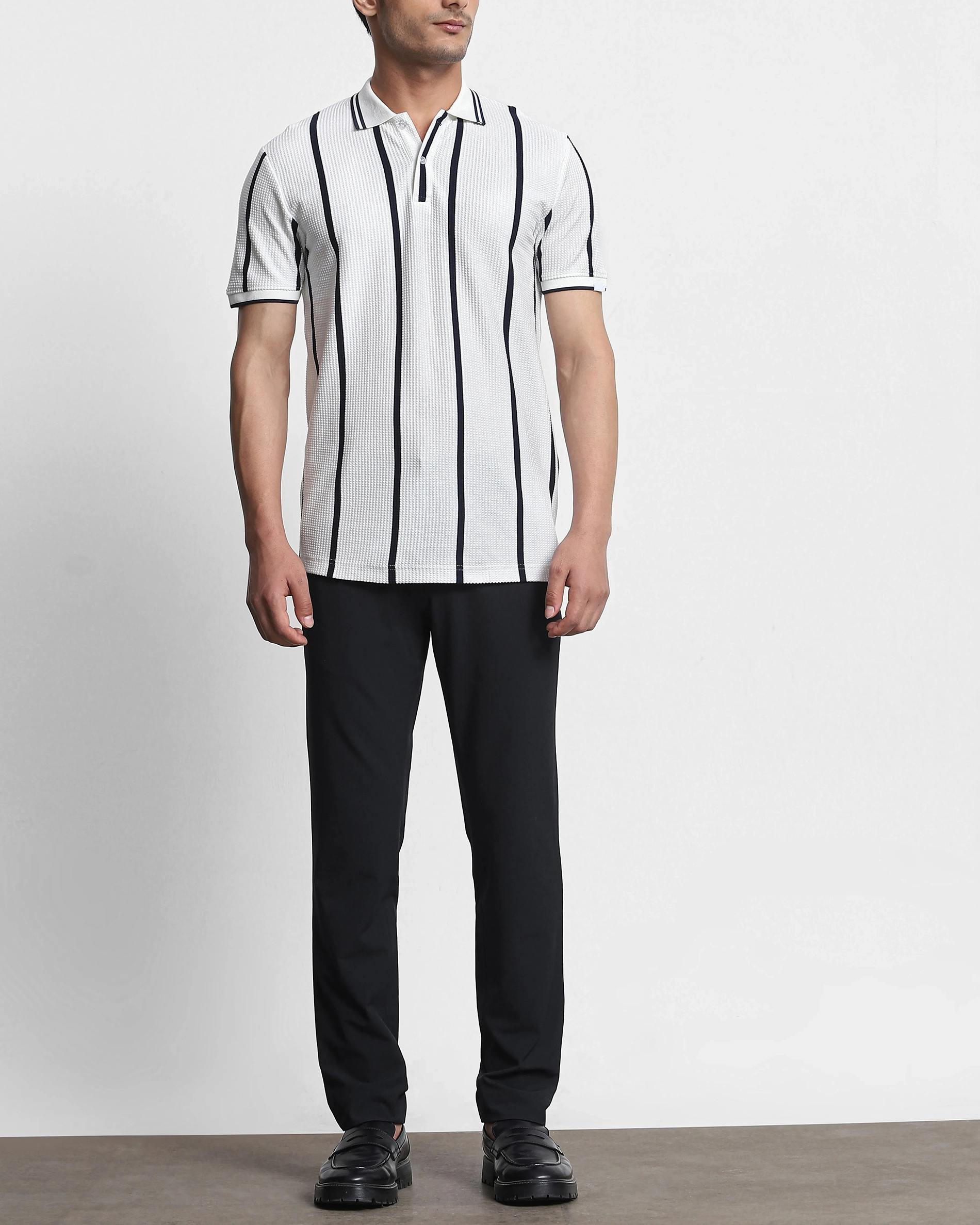 Daily Simple And Slimming White Striped Polo Shirt