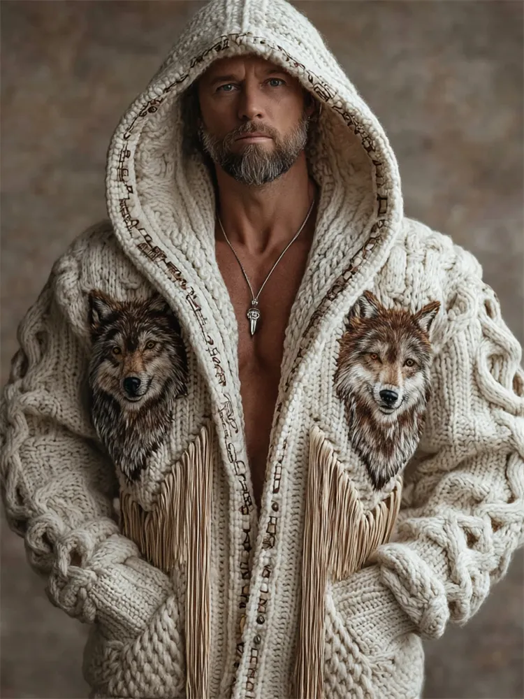 Men's Vintage Western Wolf Tassels Chunky Hooded Cardigan