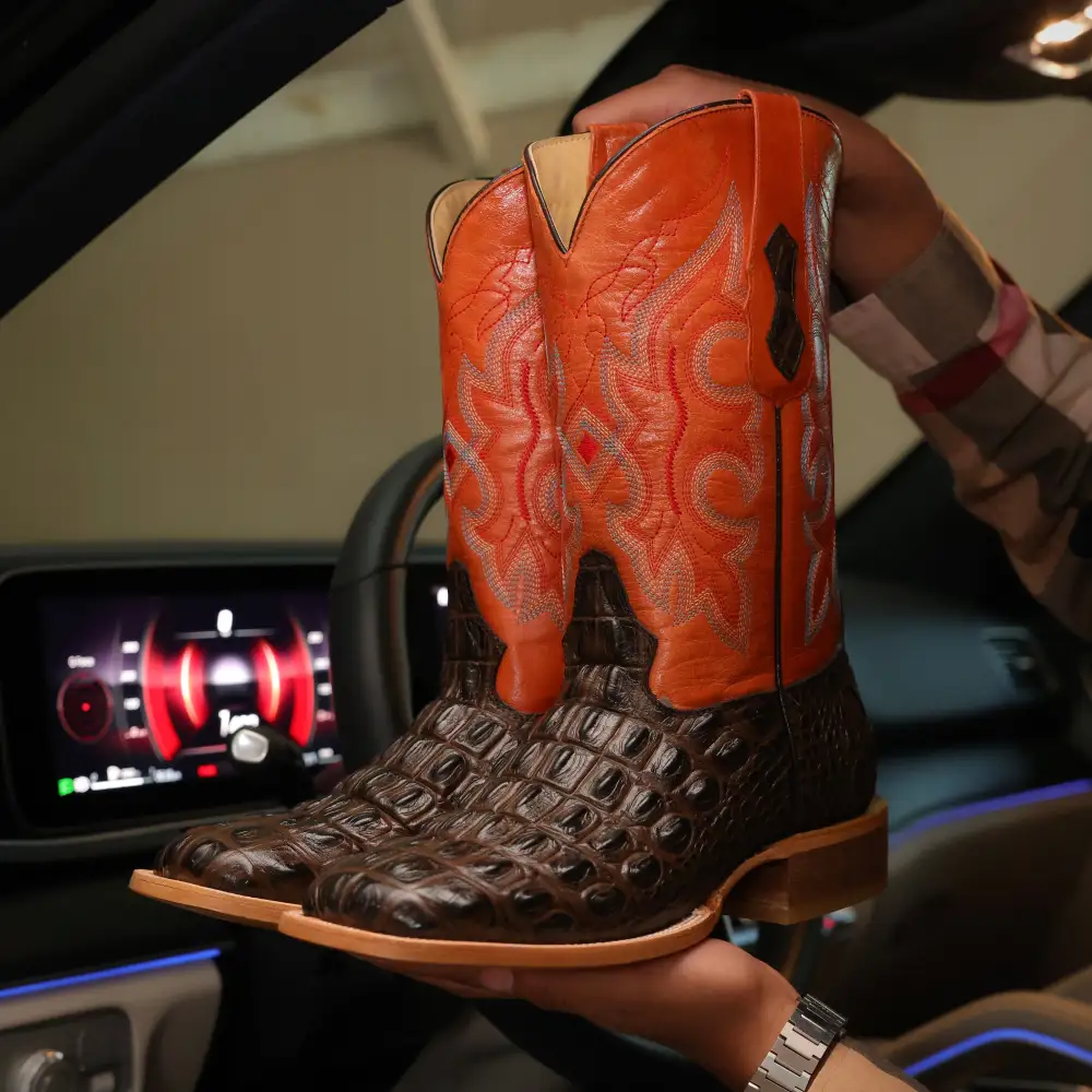 Chocolate Brown Caimán Back Leather Boots — Square Toe