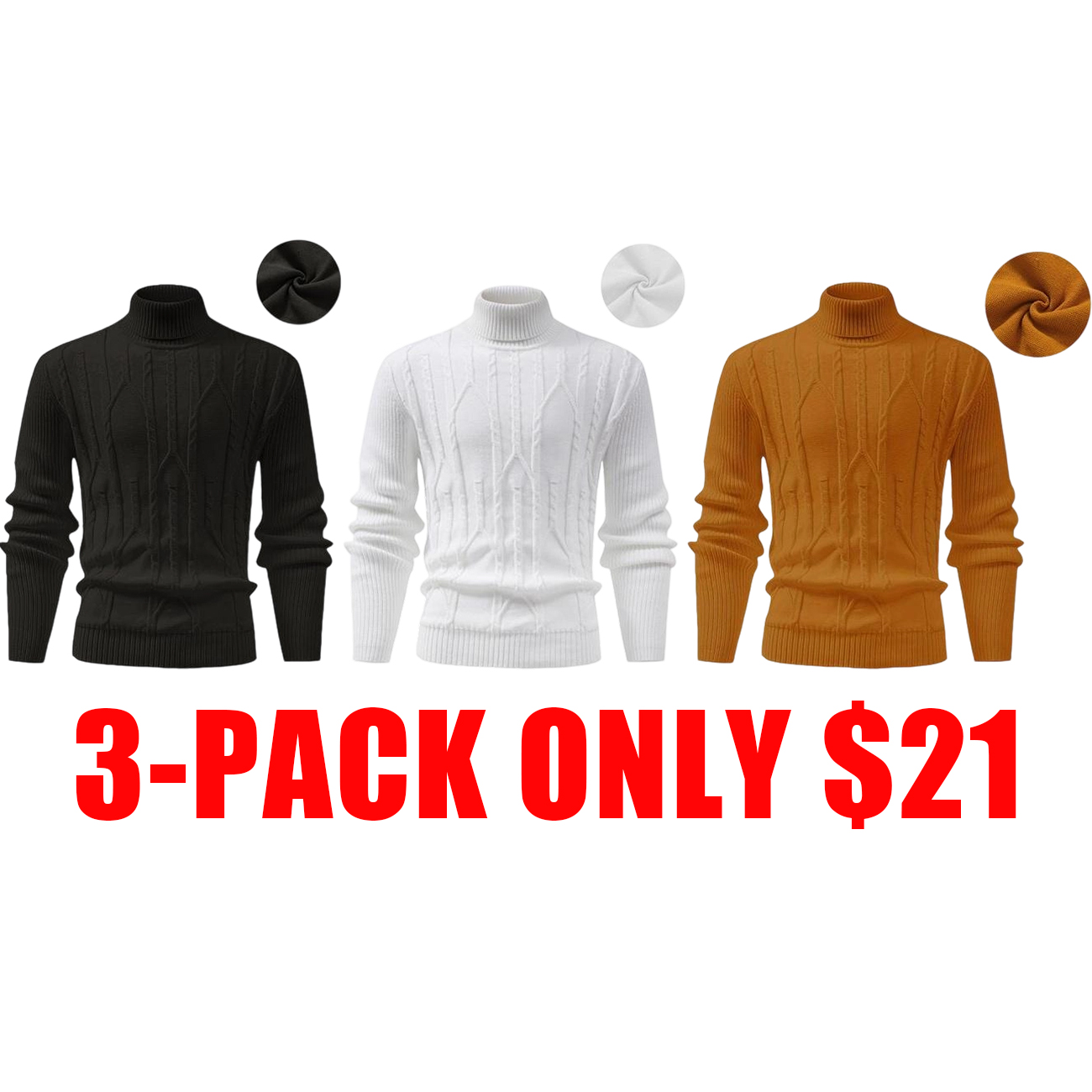 Men’s Turtleneck Cable Knit Sweater – Thick Warm Winter Knit Top