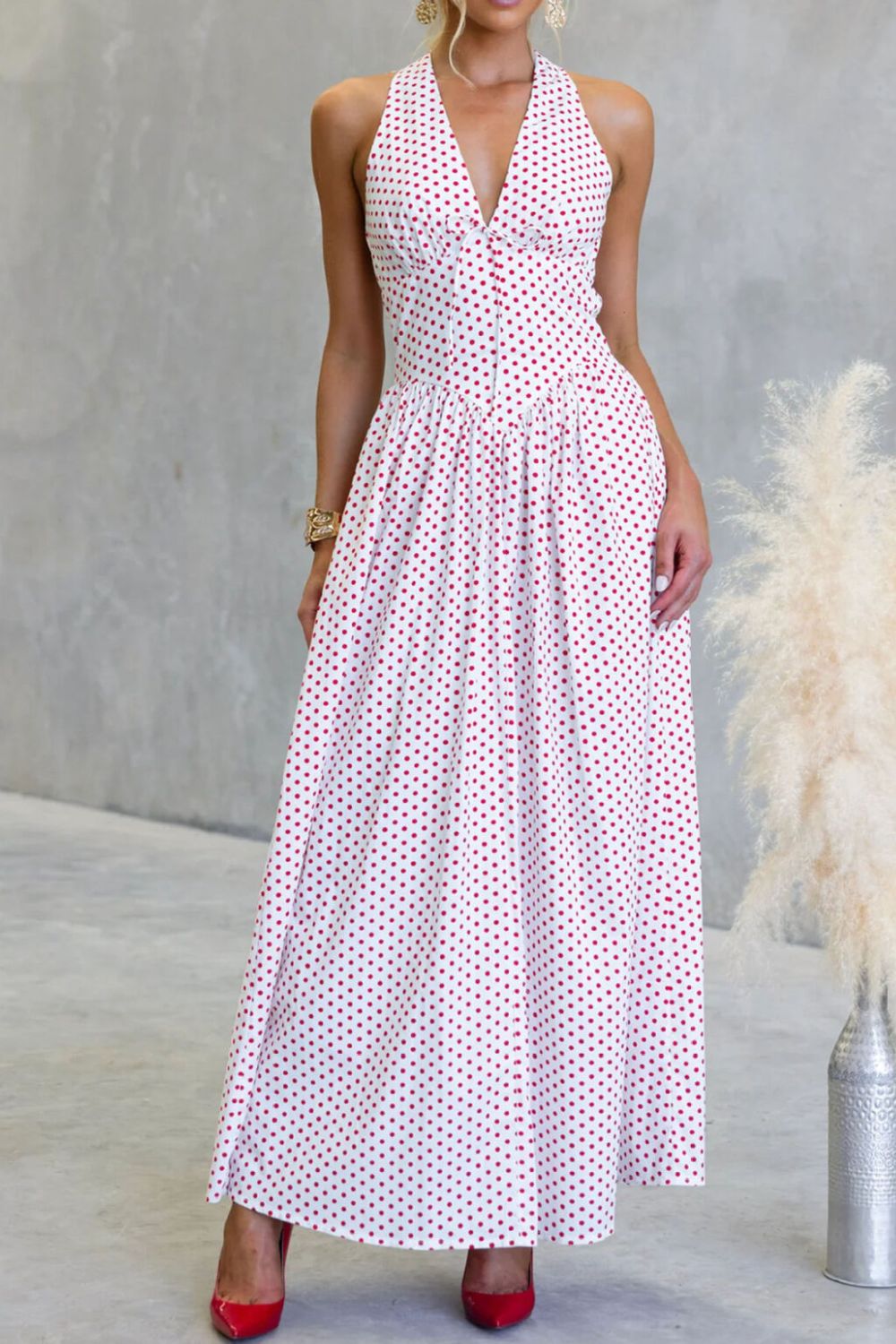 Backless Polka Dot Halter Neck Maxi Dress