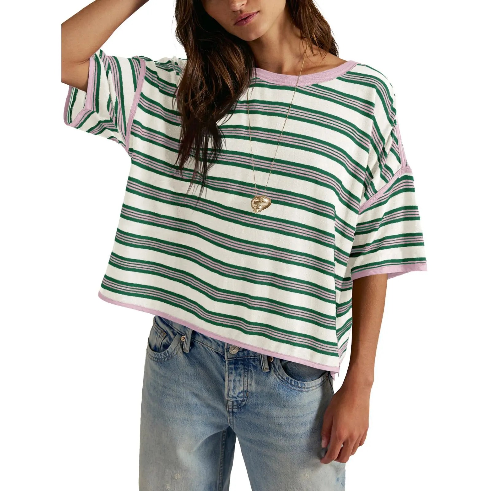 🎨🎨🎨Women's Striped Oversized Crewneck T-Shirt