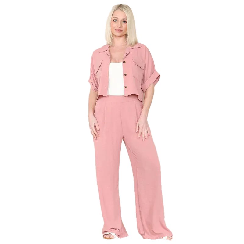 KatchMe Women's Casual Button Front Flap-Pocket Blouse & Wide Leg Trousers Co-ord Set – Crop Short Sleeve Shirt & High Waist Pants Two-Piece Se