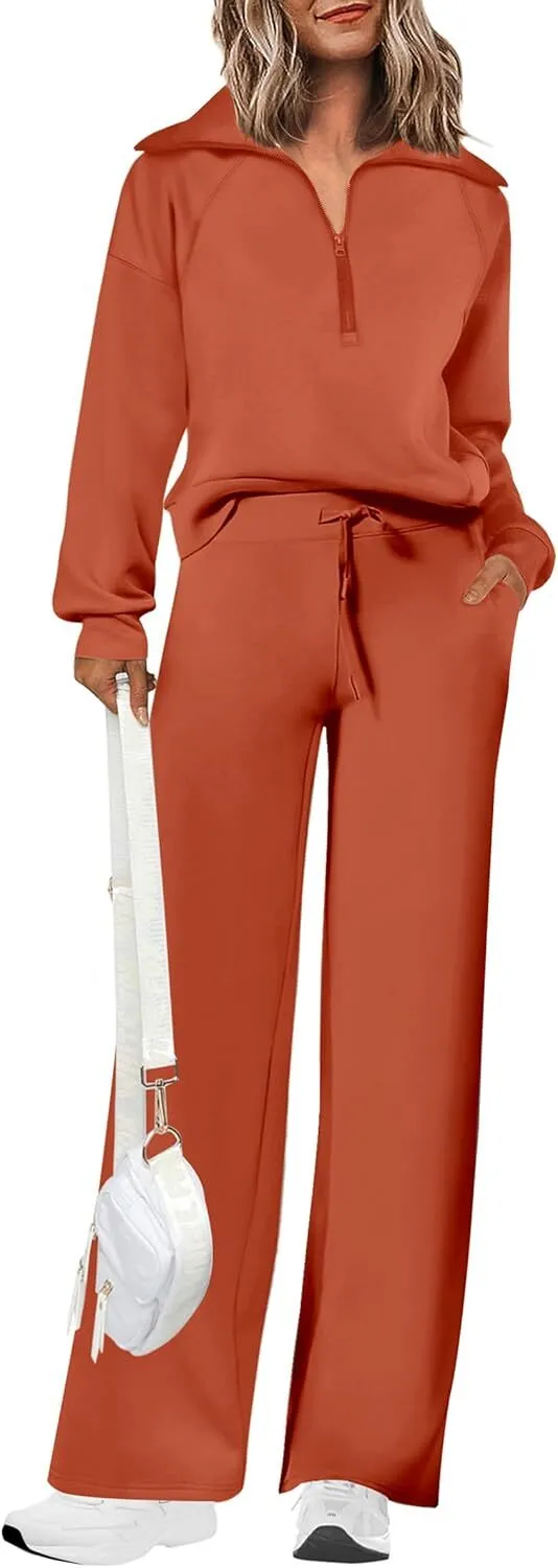 🔥Final Day Clearance!🛒Women's 2 Piece Outfits Casual Lapel Half Zip Sweatshirts And Wide Leg Pants Tracksuit Sets