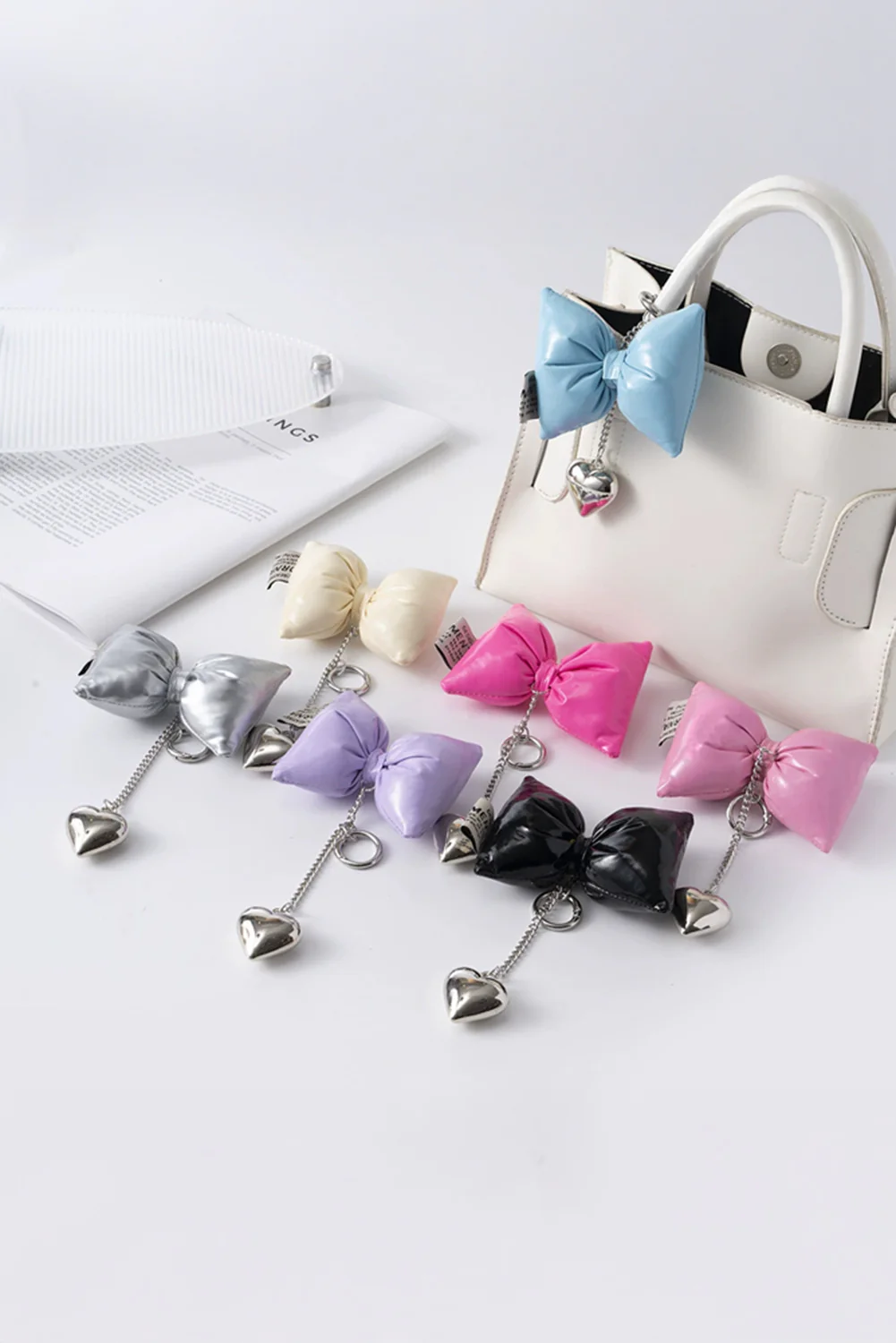 Bright Pink Sweet PU Leather Bow Knot Heart Keychain