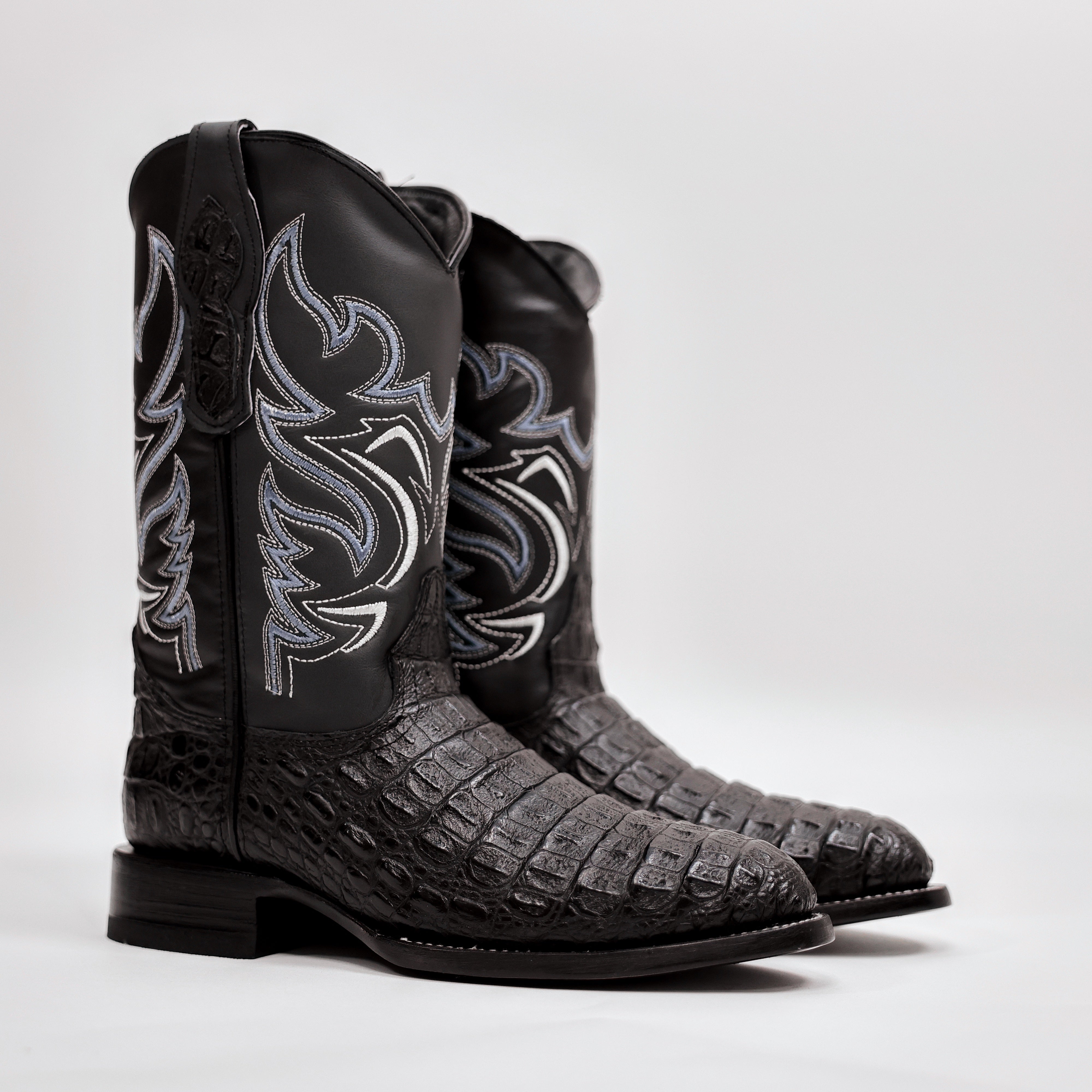 Black Caiman Hornback Leather Boots - Round Toe