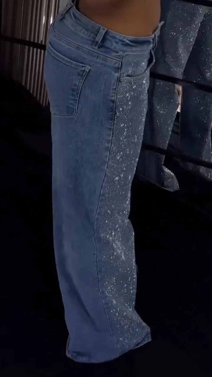 Women's Single-sided Rhinestone Wide-leg Casual Jeans
