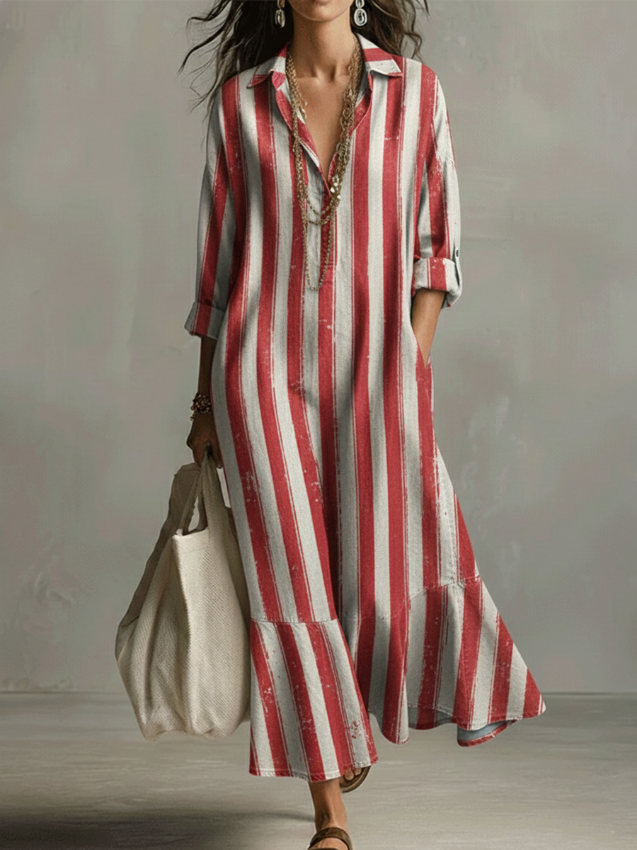 Retro Striped Ruffled Hem Dress