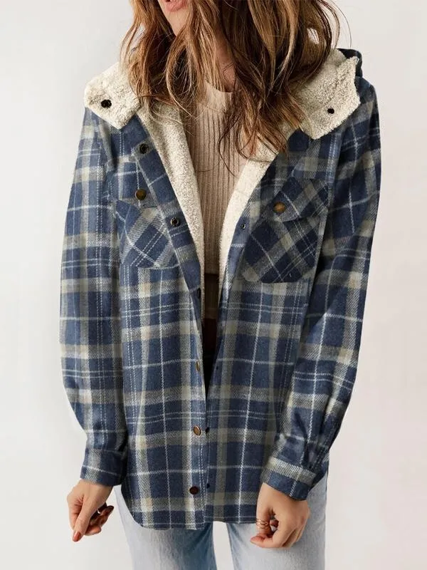 Women's Plaid / Houndstooth Print Button Front Hooded Coat