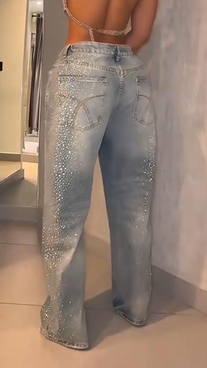 Women Fireworks Hot Stamping Rhinestone Water Washing Casual Jeans