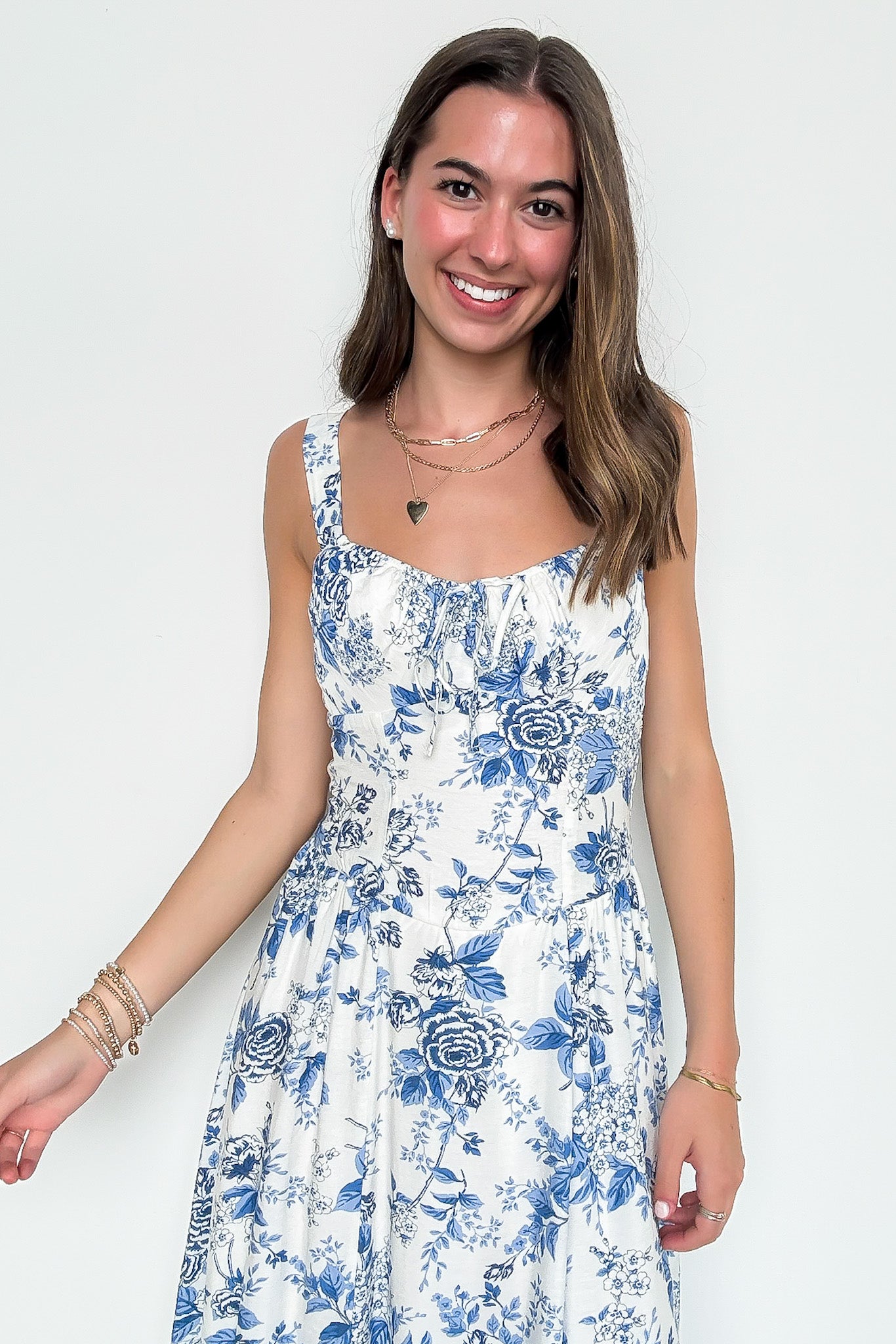 Rose Print Sleeveless Corset Detail Midi Dress