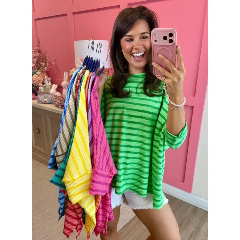Spring Striped Raised Rib Easy Fit 3/4 Sleeve Top