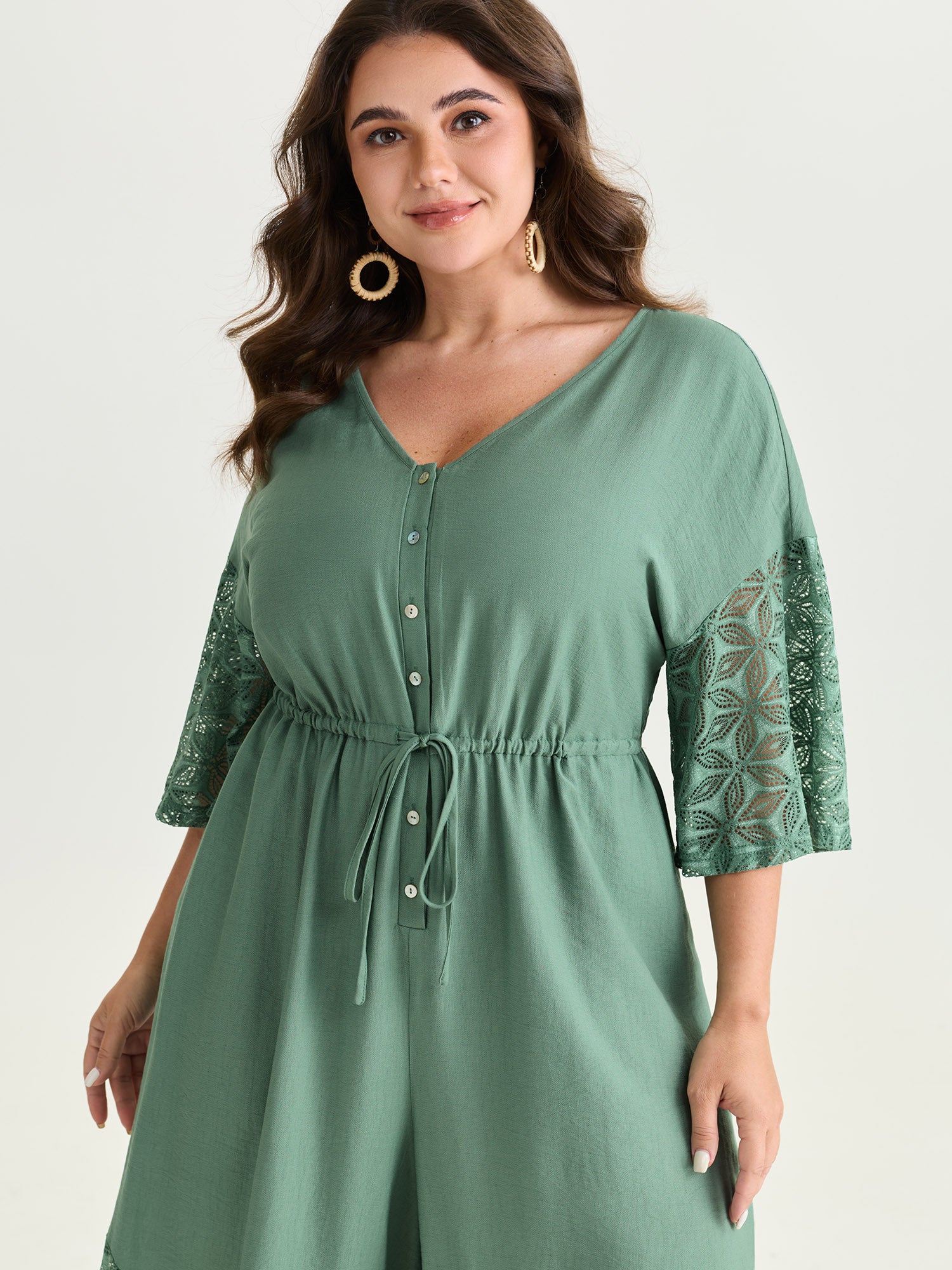 Lace Trim Sheer Sleeve Jumpsuit