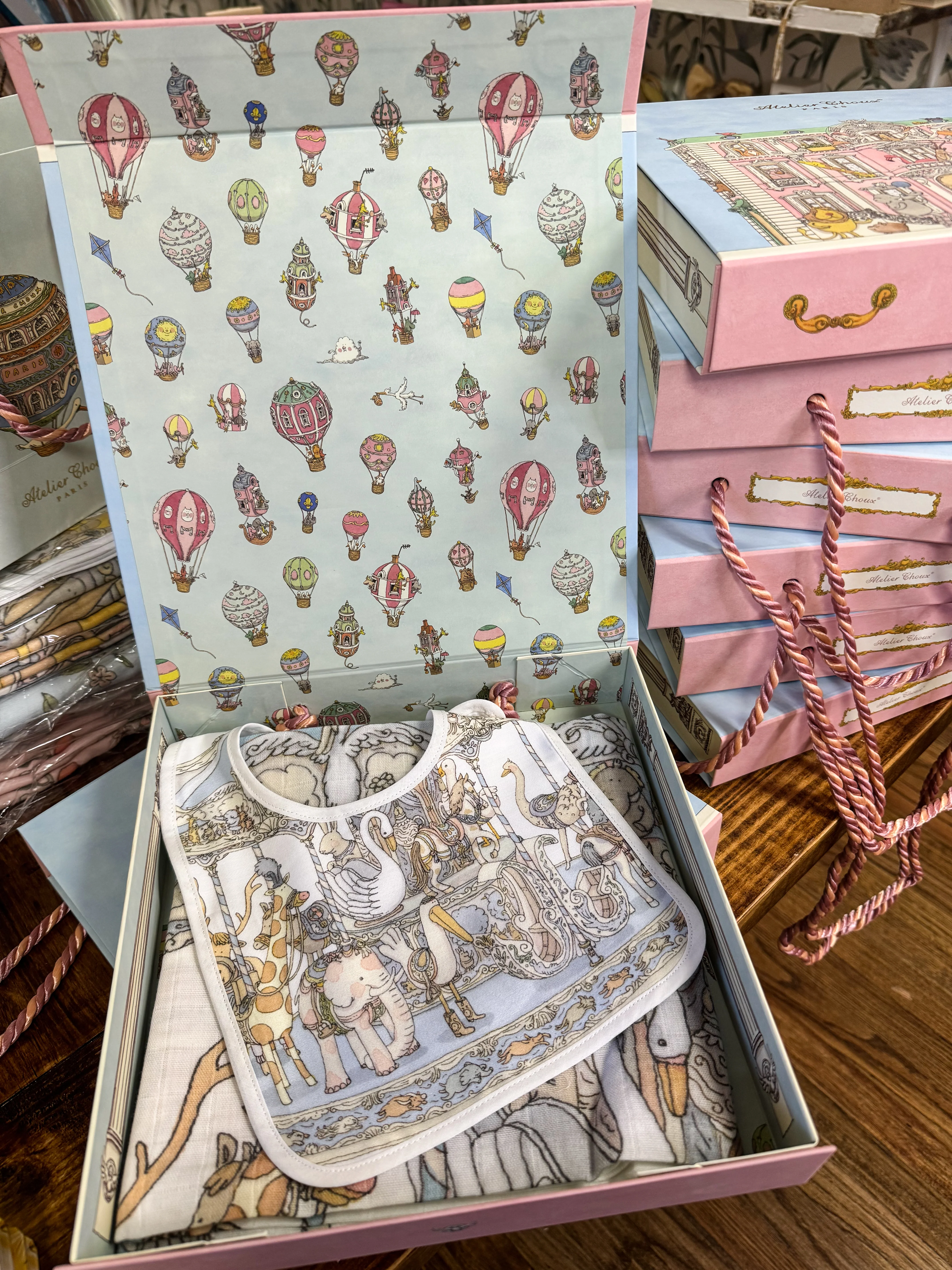 Blue Carousel Organic Cotton Swaddle & Bib with Gift Box Set