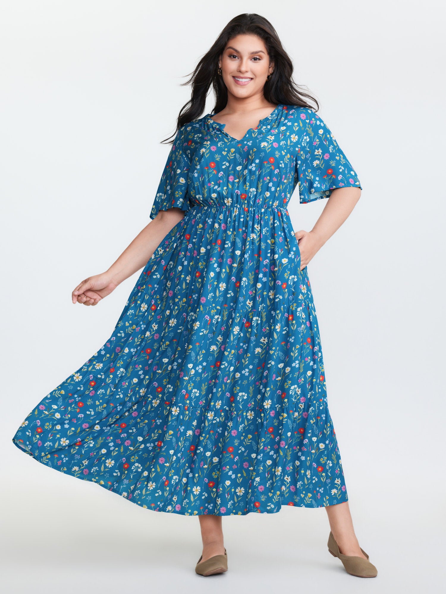Floral Print Pockets Tiered Maxi Dress