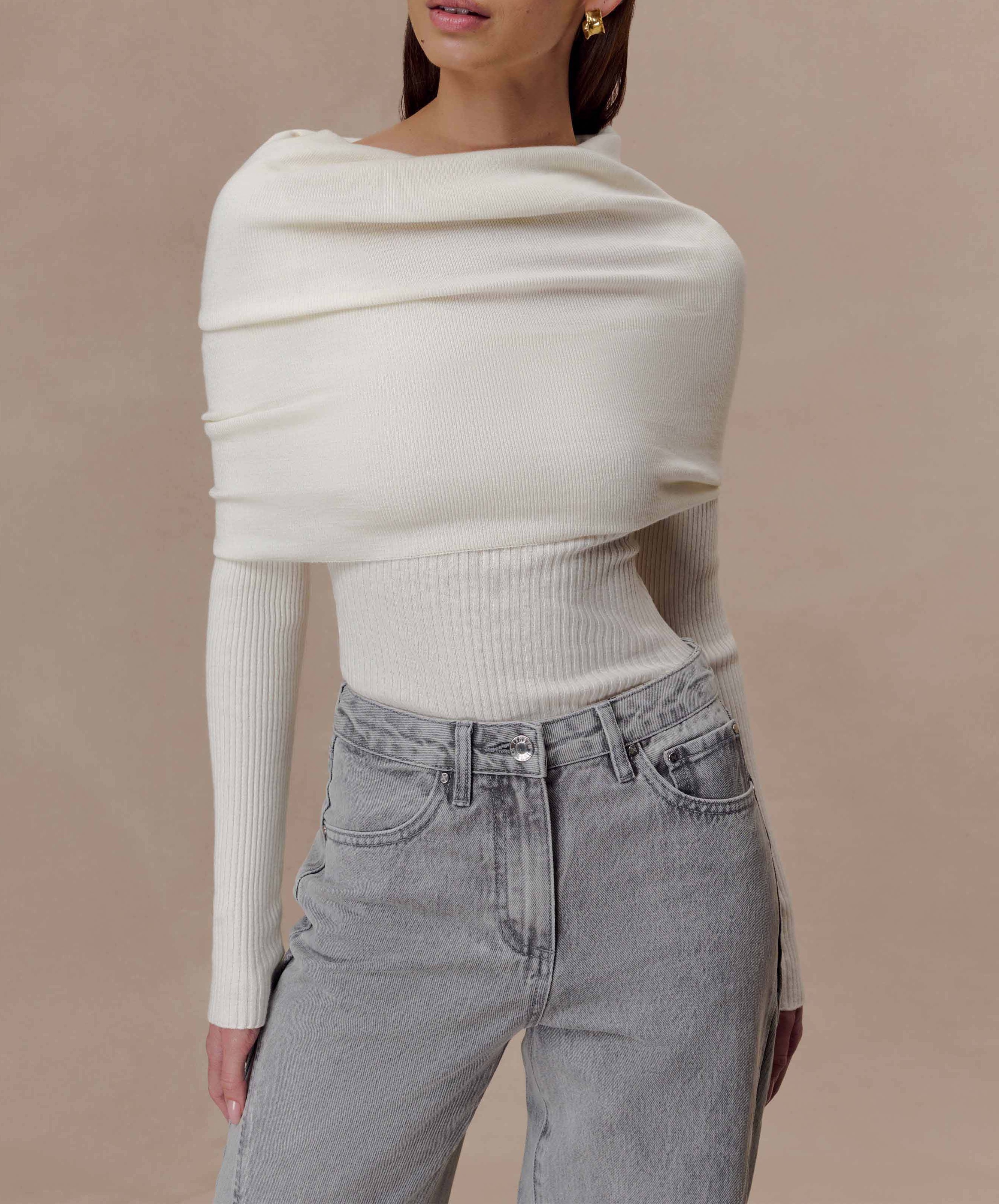 Ivory Asymetrical Cashmere Blend Long Sleeve Knit Top